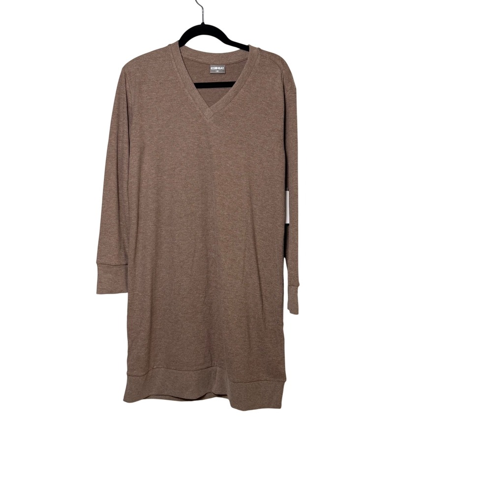 32 Degrees Heat Womens Brown V-Neck Long Sleeve Ribbed Trim Tunic Dress Large